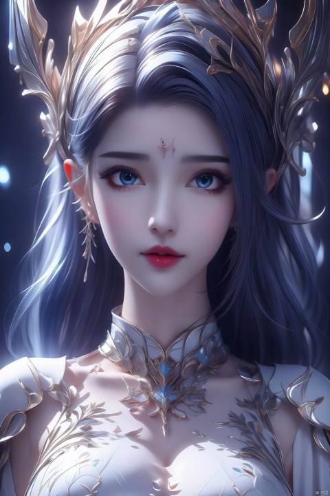  4k, office art,1girl with white armor,decorated with complex patterns and exquisite lines, k-pop, blue eyes, dark red lips,