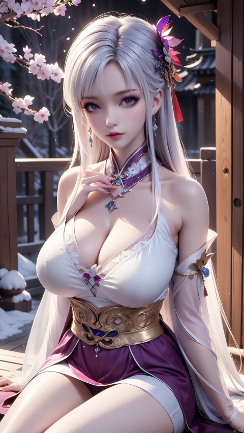  MY,1girl,solo,jewelry,hanfu,hair stick,necklace,blue eyes,hair ornament,chinese clothes,white hair,looking at viewer,earrings,dress,bare shoulders,long sleeves,wide sleeves,tree,scenery,outdoors,snow,shrine,east asian architecture,winter,plum_blossom,shimenawa,(sitting:1.3), (raw photo:1.2),((photorealistic:1.4))best quality,masterpiece,illustration,an extremely delicate and beautiful,extremely detailed,CG,unity,8k wallpaper,Amazing,finely detail,masterpiece,best quality,official art,extremely detailed CG unity 8k wallpaper,absurdres,incredibly absurdres,huge filesize,ultra-detailed,highres,extremely detailed,beautiful detailed girl,cinematic lighting,1girl,pale skin,tall female,(perfect body shape),skinny body,Slender legs,
