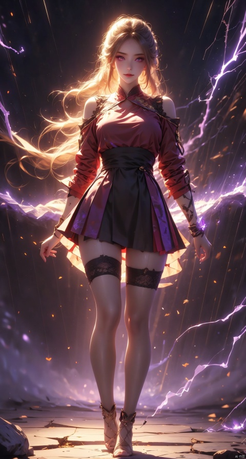  1 Girl, Purple Eyes, Glowing Eyes, Electricity, Stockings, Random Color Jacket, Lightning, Short Skirt, Artifact, Purple Magic, Aura, Full Body, Magic Circle, Braids, Very Long Hair, Flowing Hair, Dropped Shoulders, Cyber P Tari Sky, (\shen ming shao nv\)