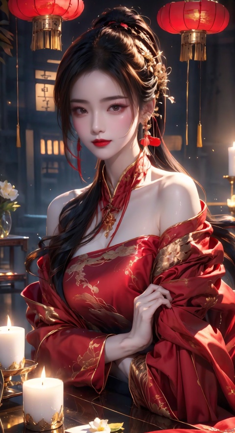  1girl,chinese hanfu,Bare shoulder, Lying on the ground,smile,Holding a big candle, Melting candles dripping onto the body,hair ornament,solo,flower,hair flower,candle,earrings,jewelry,black hair,black eyes,blurry,lips,red lips,looking at viewer,tassel,depth of field,makeup,realistic,(red_clothes:1.3),chinese clothes,