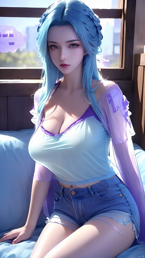  1girl,twintails,(naked translucent camisole:1.4),(Blue hair:1.2),Sitting on the sofa,(((translucent Purple clothes))),dreamy light,(8k, RAW photo, best quality, masterpiece:1.2),(realistic, photo fidelity:1.3),ultra fine,ultra fine cg 8k wallpaper,(((translucent denim_shorts))),Big Breasts, cleavage,luoxinyu