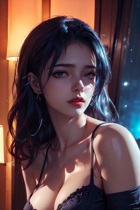  (original photo, best quality)(realistic, realistic: 1.2) , 1 girl, middle breast, cleavage, underwear, upper body, high quality, (high-detail skin: 1.4) , puffy eyes, gorgeous hair, (darkroom: 1.3) , (edge lighting: 1.3) , (Night: 1.3) , (Night: 1.3) , interior, portrait, black hair, dark background, long hair