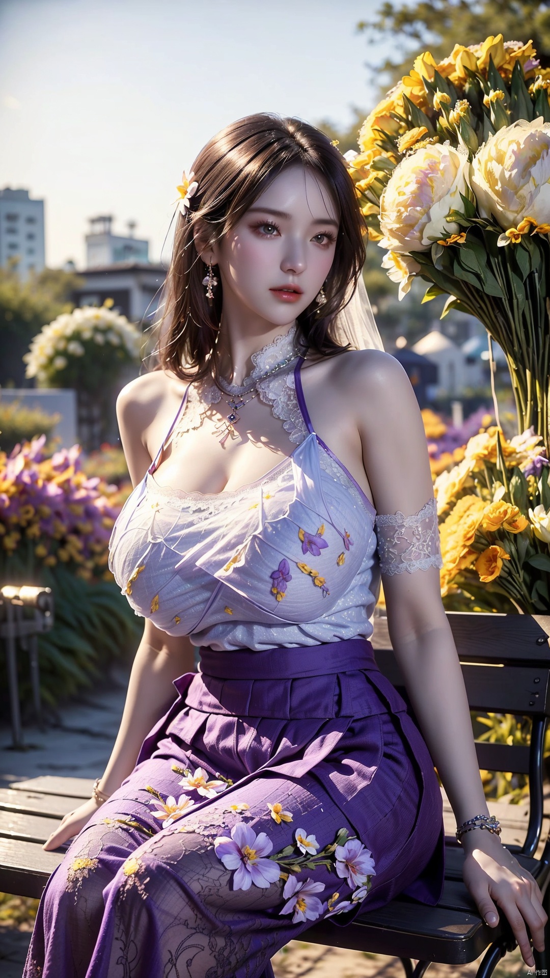  (Floral_wrap_top:1.4),(purple Midi_skirt:1.4),(Beaded_bracelets:1.3),(Garden_party_background:1.5)1girl,solo,long hair, (big breasts:1.76),outdoors,streets,street,city,(Beach_background:1.4),(masterpiece, best quality, realistic,),(photorealistic:1.4),chinese girl,lip,brown eyes,(brighteninglight:1.2),(Increasequality:1.4),finelydetailedeyes,She has exquisite facial features and delicate skin,Rich and realistic skin texture,fine hands,the magnificent evening dress was adorned with sparkling jewelry,(Facing the camera, sitting on a park bench:1.3),(Romantic_lace_top:1.5),(Flowy_maxi_skirt:1.4),(Delicate_bracelet:1.3),(high neck lace evening dress:1.39),(Garden_wedding_background:1.39), yuyao, qianjin, (big breasts:1.89),(flowers:1.69), shidudou
