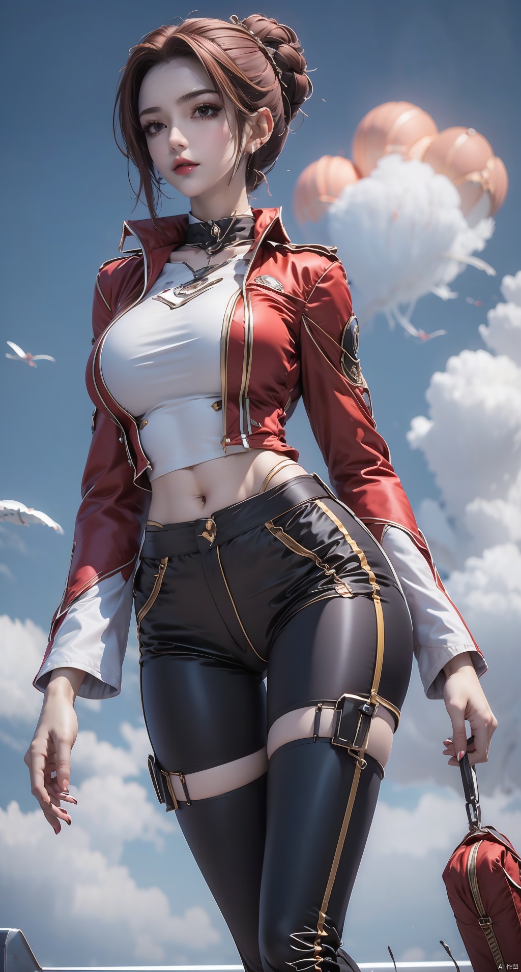  1 girl,In the sky,Tight pants,Parachute,jacket sky,thigh holster,thigh strap,