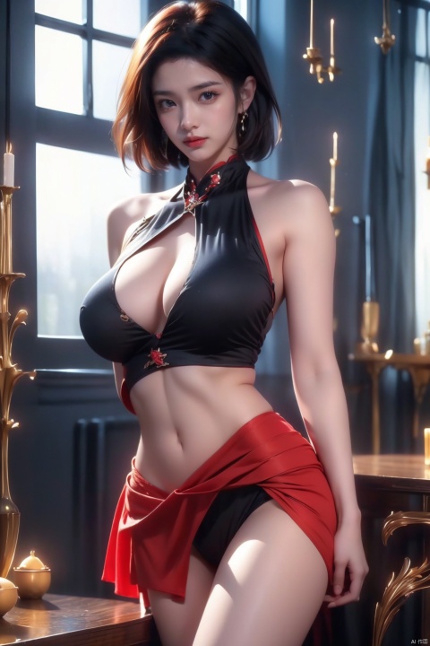  1girl,arms_behind_back,bare_shoulders,black_hair,cowboy_shot,indoors,lips,lipstick,makeup,realistic,red_lips,short_hair,sleeveless,solo,standing,leg seams,exposed vagina,