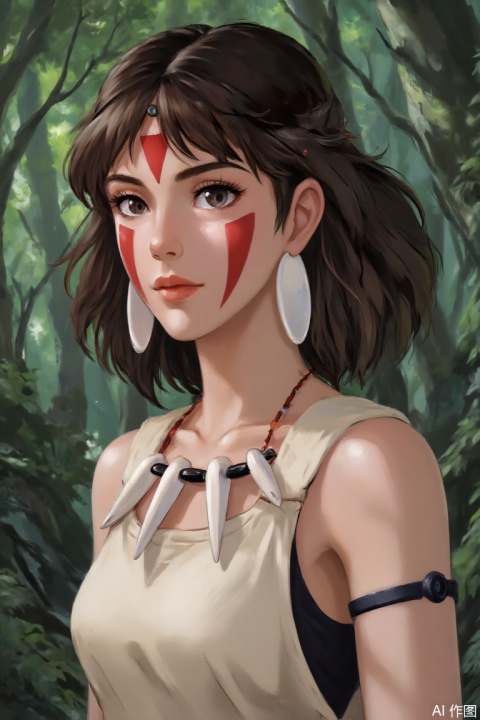 Hayao Miyazaki style,The brown-haired girl Shan stood in the lush forest, with red patterns on her forehead like ancient totem, and the black hair was decorated with silver and reflected the mottled tree shadows. White bone earrings are gently shaken, animal teeth necklace droops around the neck, plain shoulder straps outline wild contours