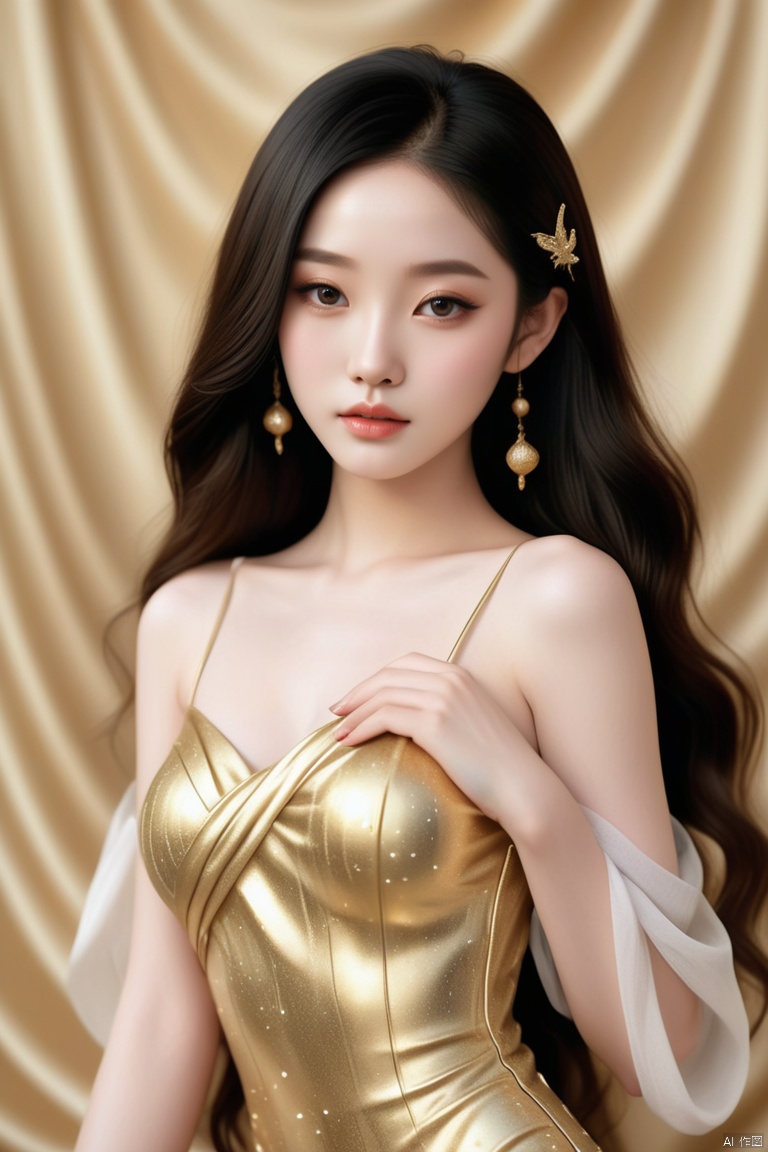 A stunning, hyper-realistic portrait of a beautiful girl , She wears a shimmering gold dress that hugs her curves, and her skin is a radiant, shiny white. The image is inspired by the works of Xia Gui, Belle Delphine, and Qifeng Lin, and features photorealistic details that bring the angel to life. 