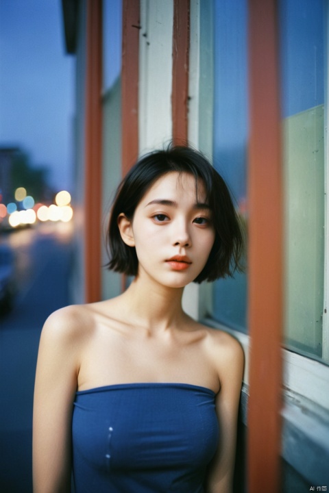 1girl dressed with Modest bare-shoulder tops and panton colors,facing window,night,short hair,by street,ray tracing,Kodak film,studio lighting,portra 800 film,solo,looking at viewer,ray tracing,detailed eyes,closed mouth, 1girl