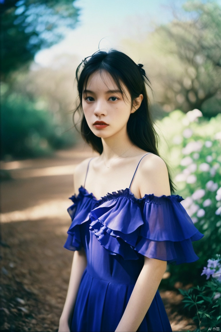 1girl dressed with Delicate ruffle details and vivid pantone colors,portra 800 film,solo,looking at viewer,ray tracing,detailed eyes,closed mouth,outdoors,moody,grainy, flash light, sunlight