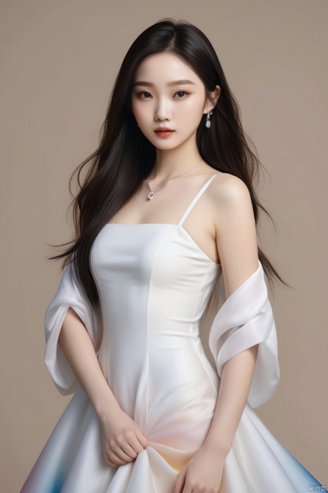 A stunning, hyper-realistic portrait of a beautiful girl , She wears a long
 dress with pantone colors that hugs her curves, and her skin is a radiant, shiny white. The image is inspired by the works of Qifeng Lin, 1girl,solo,photo,portrait, sunlight