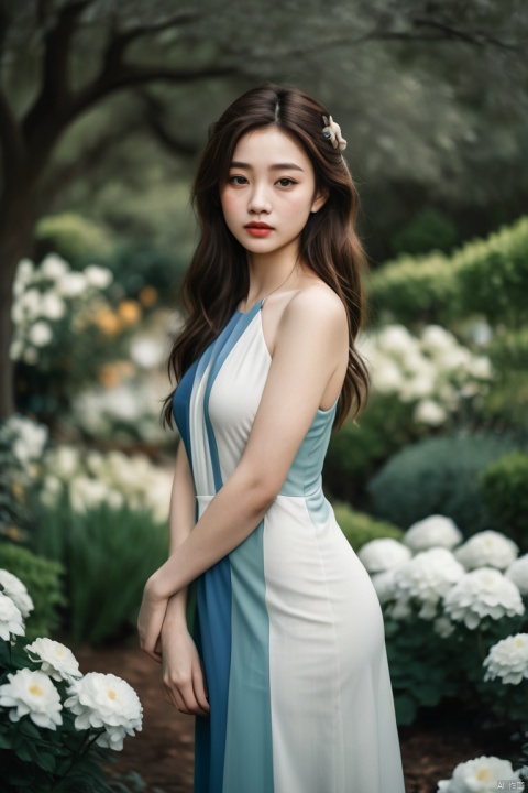 A stunning, hyper-realistic portrait of a beautiful girl , She wears a long dress with pantone colors that hugs her curves, and her skin is a radiant, shiny white. outdoors, in garden, looking at viewer, grainy, moody, 1gril, solo, dynamic angle, 