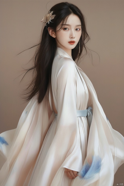 A stunning, hyper-realistic portrait of a beautiful girl , She wears a long
 dress with pantone colors that hugs her curves, and her skin is a radiant, shiny white. The image is inspired by the works of Qifeng Lin, 