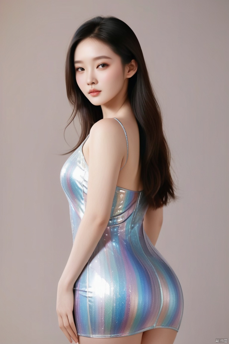 A stunning, hyper-realistic portrait of a beautiful girl , She wears a shimmering 
 dress with panton colors that hugs her curves, and her skin is a radiant, shiny white. The image is inspired by the works of Qifeng Lin
