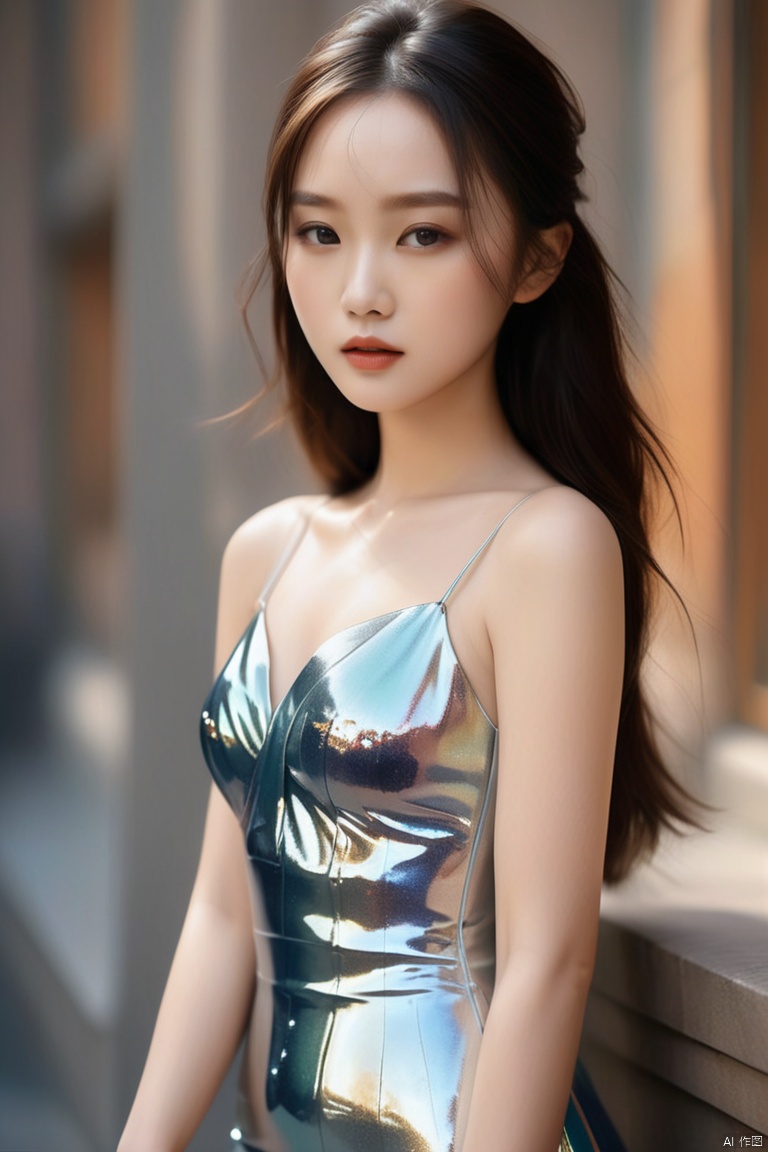 A stunning, hyper-realistic portrait of a beautiful girl , She wears a shimmering 
 dress with panton colors that hugs her curves, and her skin is a radiant, shiny white. The image is inspired by the works of Qifeng Lin, 1girl,solo,photo,portrait, sunlight