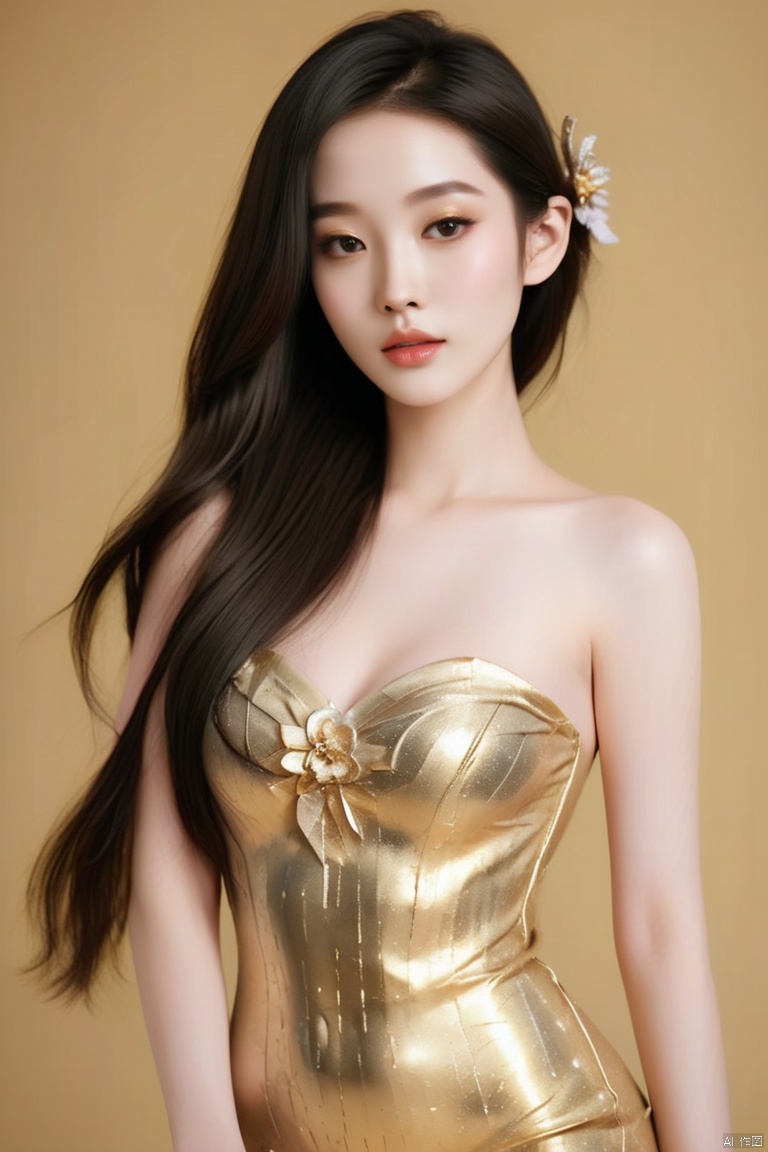 A stunning, hyper-realistic portrait of a beautiful girl , She wears a shimmering gold dress that hugs her curves, and her skin is a radiant, shiny white. The image is inspired by the works of Xia Gui, Belle Delphine, and Qifeng Lin