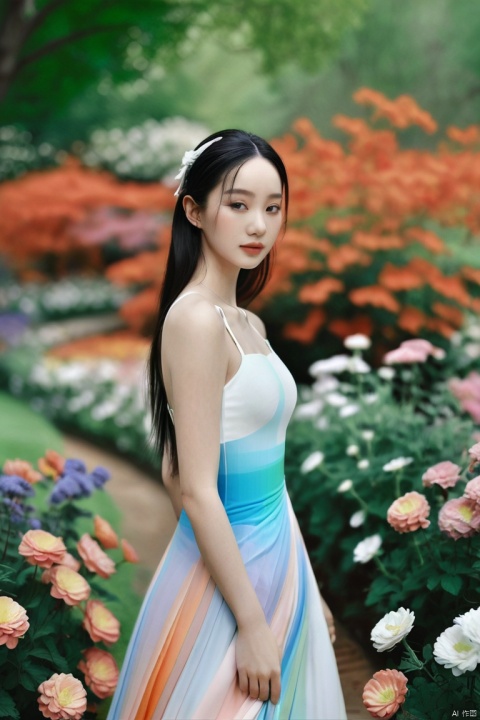A stunning, hyper-realistic portrait of a beautiful girl , She wears a long dress with pantone colors that hugs her curves, and her skin is a radiant, shiny white. The image is inspired by the works of Qifeng Lin, outdoors, in garden, 