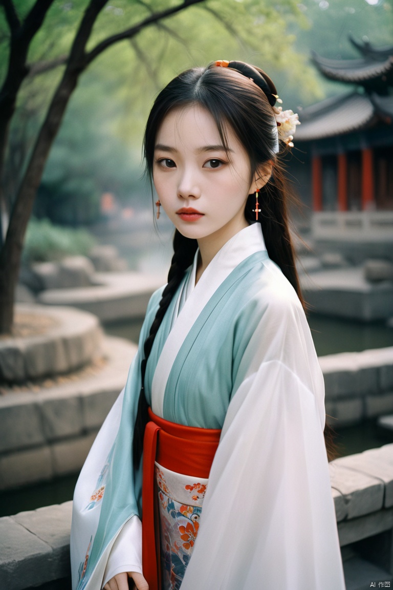 1girl dressed with Chinese traditional clothes details and soft pantone colors,portra 800 film,solo,looking at viewer,ray tracing,detailed eyes,closed mouth,outdoors,moody,grainy, flash light, sunlight
