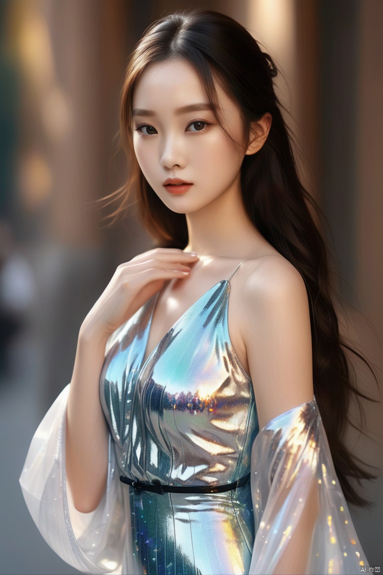 A stunning, hyper-realistic portrait of a beautiful girl , She wears a shimmering 
 dress with panton colors that hugs her curves, and her skin is a radiant, shiny white. The image is inspired by the works of Qifeng Lin, 1girl,solo,photo,portrait, sunlight