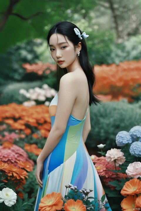 A stunning, hyper-realistic portrait of a beautiful girl , She wears a long dress with pantone colors that hugs her curves, and her skin is a radiant, shiny white. The image is inspired by the works of Qifeng Lin, outdoors, in garden, looking at viewer, grainy, moody 