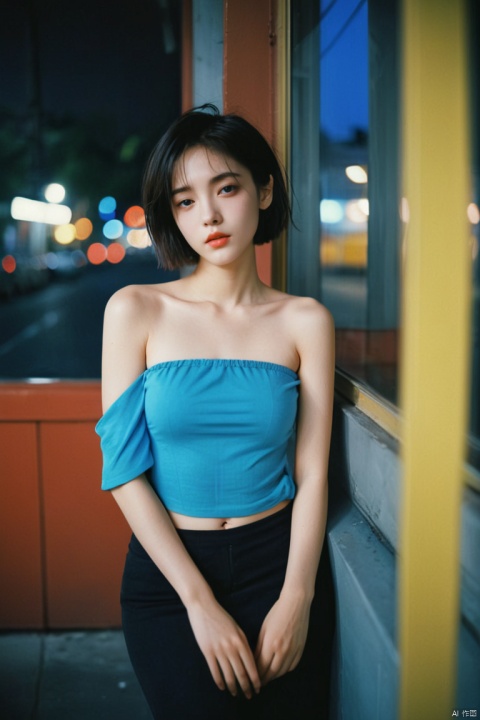 1girl dressed with Modest bare-shoulder tops and vivid colors,facing window,night,short hair,by street,ray tracing,Kodak film,studio lighting,portra 800 film,solo,looking at viewer,ray tracing,detailed eyes,closed mouth,