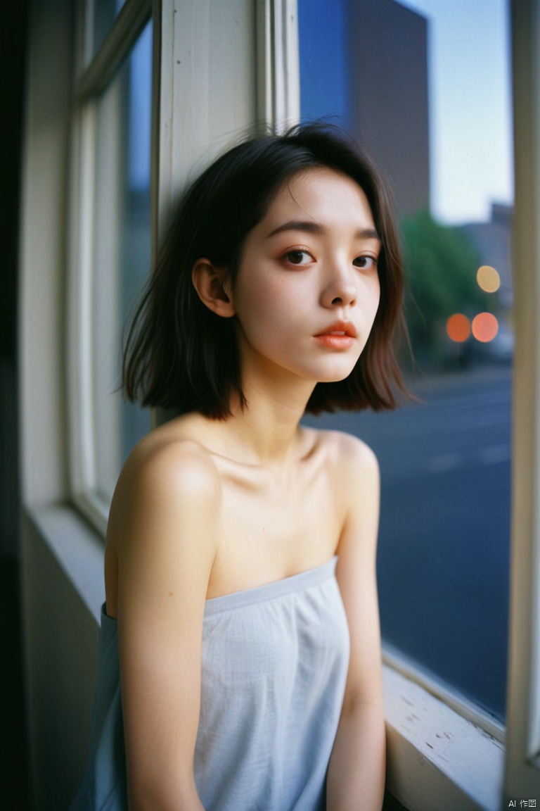1girl dressed with Modest bare-shoulder tops and panton colors,facing window,night,short hair,by street,ray tracing,Kodak film,studio lighting,portra 800 film,solo,looking at viewer,ray tracing,detailed eyes,closed mouth, , sunlight