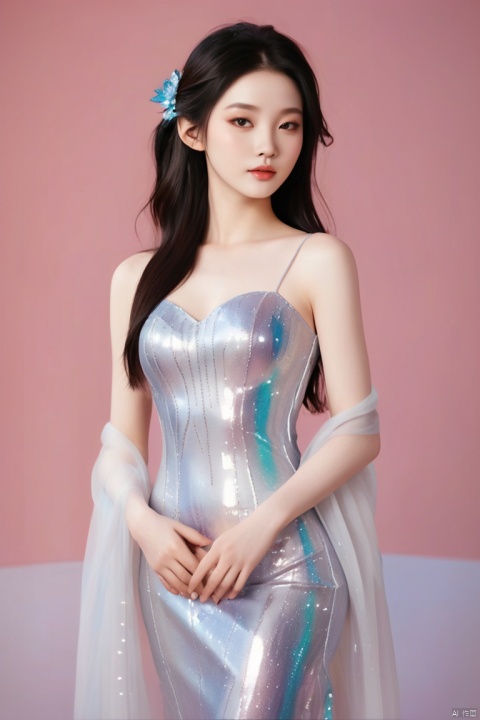 A stunning, hyper-realistic portrait of a beautiful girl , She wears a shimmering 
 dress with panton colors that hugs her curves, and her skin is a radiant, shiny white. The image is inspired by the works of Xia Gui, Belle Delphine, and Qifeng Lin