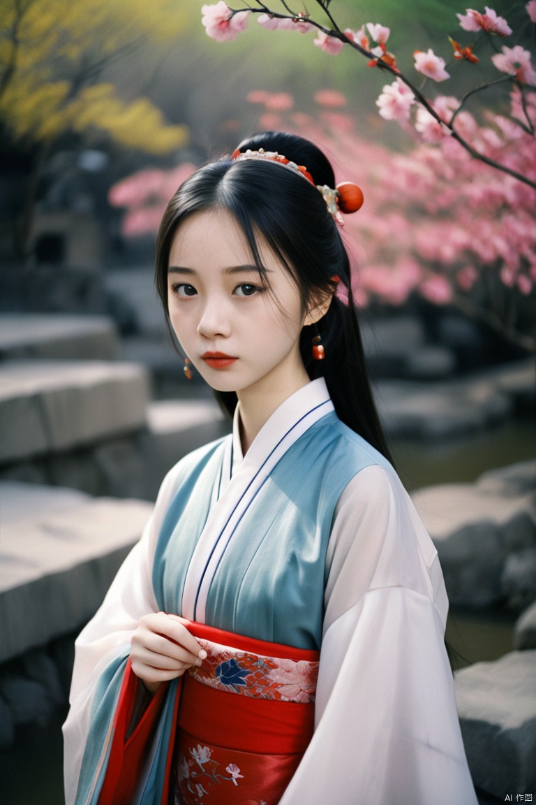 1girl dressed with Chinese traditional clothes details and soft pantone colors,portra 800 film,solo,looking at viewer,ray tracing,detailed eyes,closed mouth,outdoors,moody,grainy, flash light,