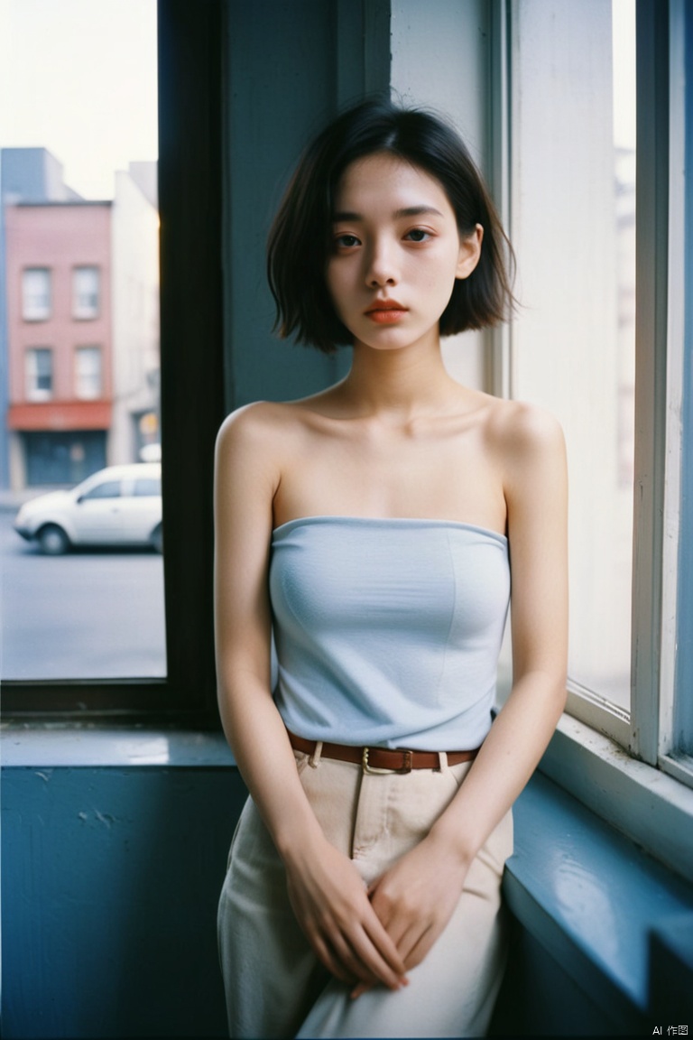 1girl dressed with Modest bare-shoulder tops and panton colors,facing window,night,short hair,by street,ray tracing,Kodak film,studio lighting,portra 800 film,solo,looking at viewer,ray tracing,detailed eyes,closed mouth, , sunlight