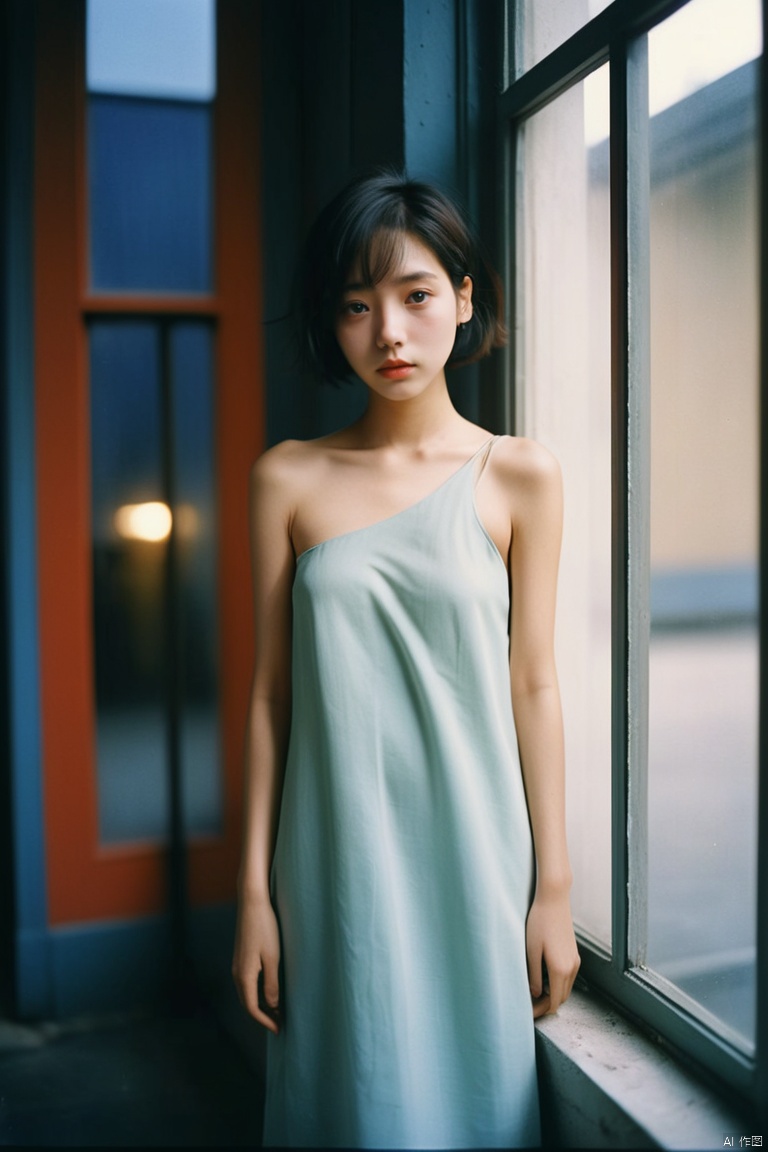 1girl dressed with Modest bare-shoulder dress and panton colors,facing window,night,short hair,by street,ray tracing,Kodak film,studio lighting,portra 800 film,solo,looking at viewer,ray tracing,detailed eyes,closed mouth, , sunlight