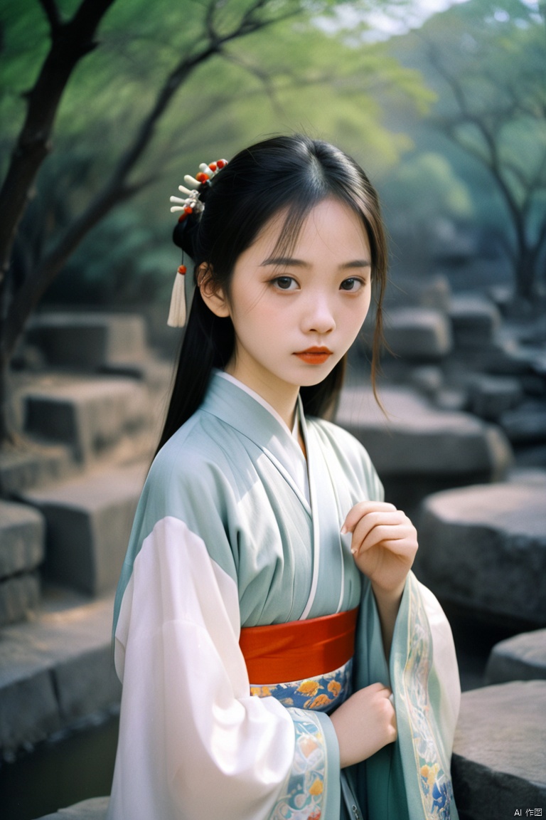 1girl dressed with Chinese traditional clothes details and soft pantone colors,portra 800 film,solo,looking at viewer,ray tracing,detailed eyes,closed mouth,outdoors,moody,grainy, flash light, sunlight