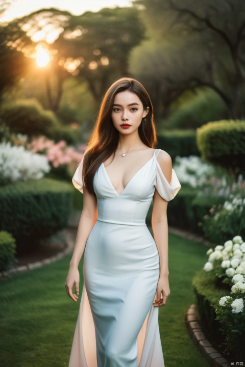 A stunning, hyper-realistic portrait of a beautiful girl , She wears a long dress with pantone colors that hugs her curves, and her skin is a radiant, shiny white. walking in garden, looking at viewer, grainy, 1gril, solo, dynamic angle, sunset, flash light,