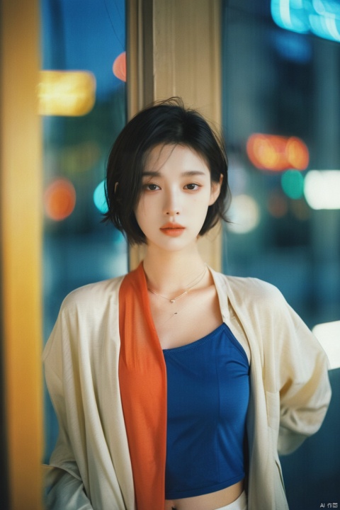 1girl dressed with Modest one-shoulder tops and vivid colors,facing window,night,short hair,by street,ray tracing,Kodak film,studio lighting,portra 800 film,solo,looking at viewer,ray tracing,detailed eyes,closed mouth,