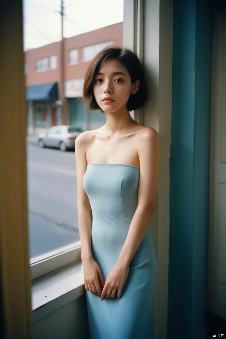 1girl dressed with Modest bare-shoulder dress and panton colors,facing window,night,short hair,by street,ray tracing,Kodak film,studio lighting,portra 800 film,solo,looking at viewer,ray tracing,detailed eyes,closed mouth, , sunlight