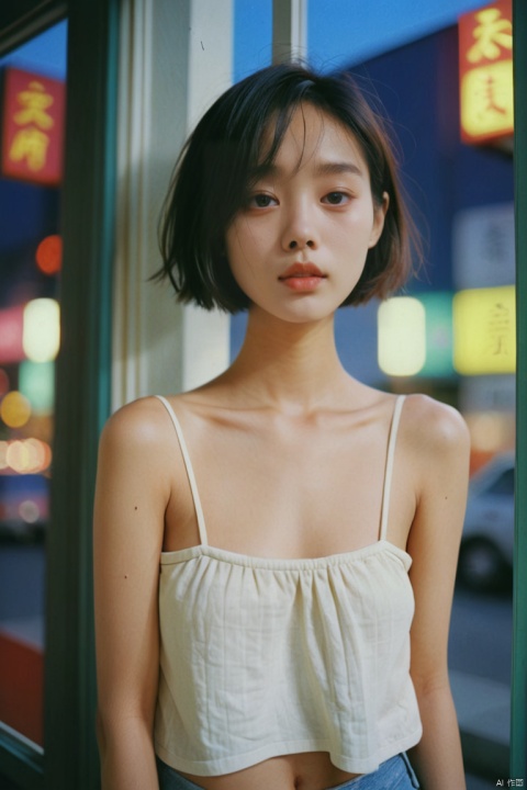 1girl dressed with Modest bare-shoulder tops and panton colors,facing window,night,short hair,by street,ray tracing,Kodak film,studio lighting,portra 800 film,solo,looking at viewer,ray tracing,detailed eyes,closed mouth, , Asian girl