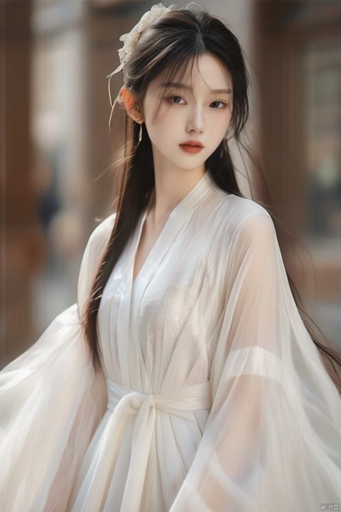 A stunning, hyper-realistic portrait of a beautiful girl , She wears a long
 dress with pantone colors that hugs her curves, and her skin is a radiant, shiny white. The image is inspired by the works of Qifeng Lin, 1girl,solo,photo,portrait, sunlight