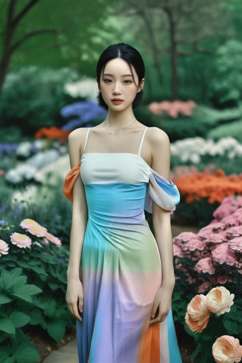 A stunning, hyper-realistic portrait of a beautiful girl , She wears a long dress with pantone colors that hugs her curves, and her skin is a radiant, shiny white. The image is inspired by the works of Qifeng Lin, outdoors, in garden, looking at viewer, grainy, moody 