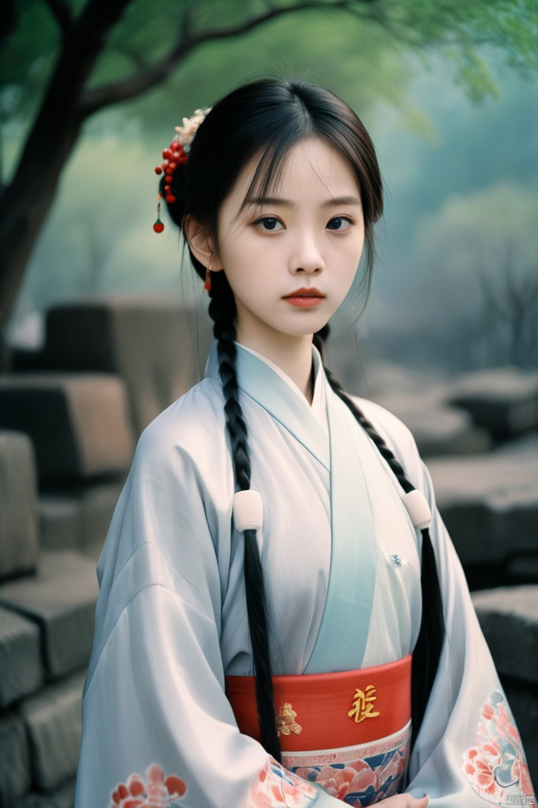 1girl dressed with Chinese traditional clothes details and soft pantone colors,portra 800 film,solo,looking at viewer,ray tracing,detailed eyes,closed mouth,outdoors,moody,grainy, flash light,