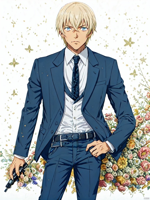  Rei,1boy,solo, short hair, bangs, blue eyes, blonde hair, simple background, shirt, long sleeves, 1boy, white background, holding, hair between eyes, closed mouth, standing, jacket, white shirt, weapon, male focus, open clothes, necktie, collared shirt, belt, pants, dark skin, holding weapon, open jacket, black jacket, gun, looking to the side, black pants, formal, dark-skinned male, suit, holding gun, black necktie, black belt, serious, grey pants, Rei, Anime, ((poakl flower style))