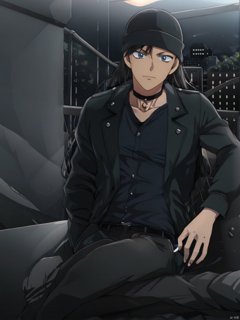1boy, solo, breasts, looking at viewer, bangs, black suit trousers, deep eyes, black hair, black hat, long hair,standing, collarbone, outdoors,  choker, day, bag, black choker, building, hand in pocket, Akai, fantasy,Akai, backlight, sssr, ((poakl)) City, street, roadside, car, sports car, back against the side of the car, one leg to support the body,
