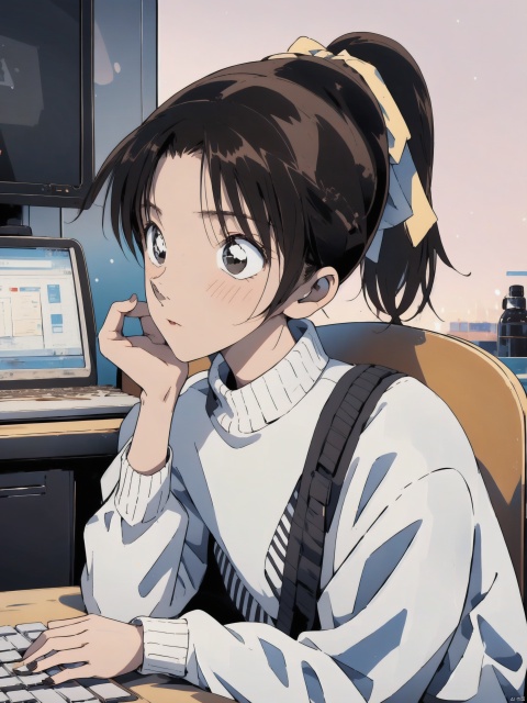  1girl, solo, long hair,(High ponytail:1.3), office lady,blush, bangs, simple background, brown hair, black hair, long sleeves, white background, brown eyes, sitting, jacket, upper body, off shoulder, sweater, turtleneck, chair, computer, monitor, keyboard \(computer\), mouse \(computer\), ooyama Kazuha