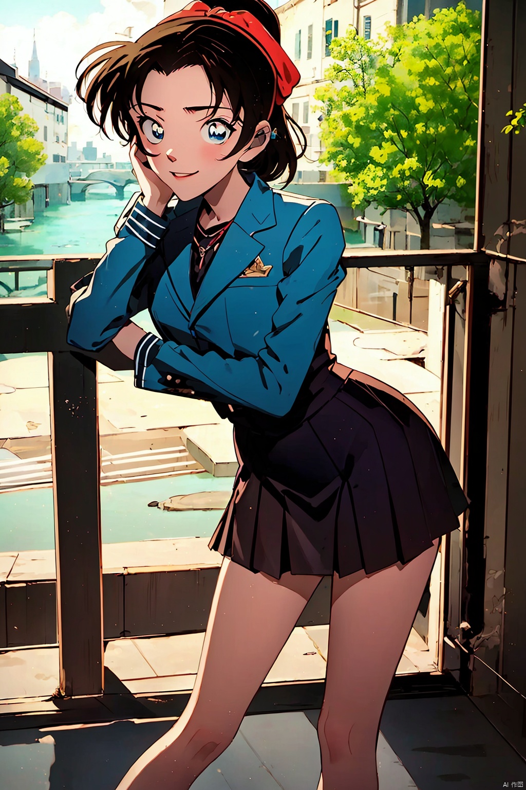 ooyama Kazuha,masterpiece, HD,best quality,High ponytail, colorful headband,(headband),outdoor,day,light,1girl,blue suit,Long sleeves,suit tops, long sleeves jackets,blue skirt,High-waisted skirts, pleated skirts,dreamy scene, front viewer, looking at viewer,UHD,16k,sparkling dress,colors,ooyama Kazuha, Anime, 1girl