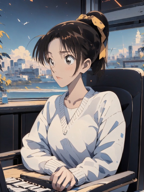  1girl, solo, long hair,(High ponytail:1.3), office lady,blush, bangs, simple background, brown hair, black hair, long sleeves, white background, brown eyes, sitting, jacket, upper body, off shoulder, sweater, turtleneck, chair, computer, monitor, keyboard \(computer\), mouse \(computer\), ooyama Kazuha