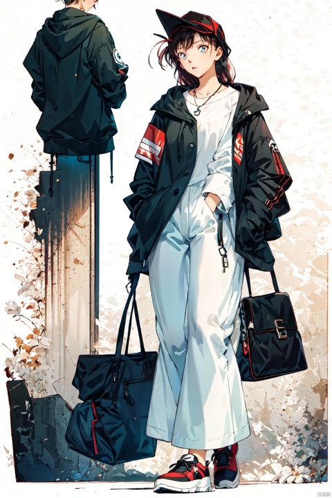 conan,1girl,solo,1girl, hood, solo, long hair, pants, jeans, denim, red hair, shoes, hood up, full body, black footwear, sleeves past wrists, bag, walking, simple background, hoodie, standing, white background, looking at viewer, necklace, long sleeves, jewelry, wavy hair,conan, HTTP,褰╄壊澶栧,澶栧, colors, backlight