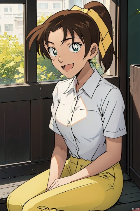  1girl, solo, looking at viewer, smile, open mouth, brown hair, shirt, bow, ribbon, sitting, green eyes, white shirt, ponytail, weapon, hair bow, pants, yellow bow, yellow ribbon, white pants, ooyama Kazuha