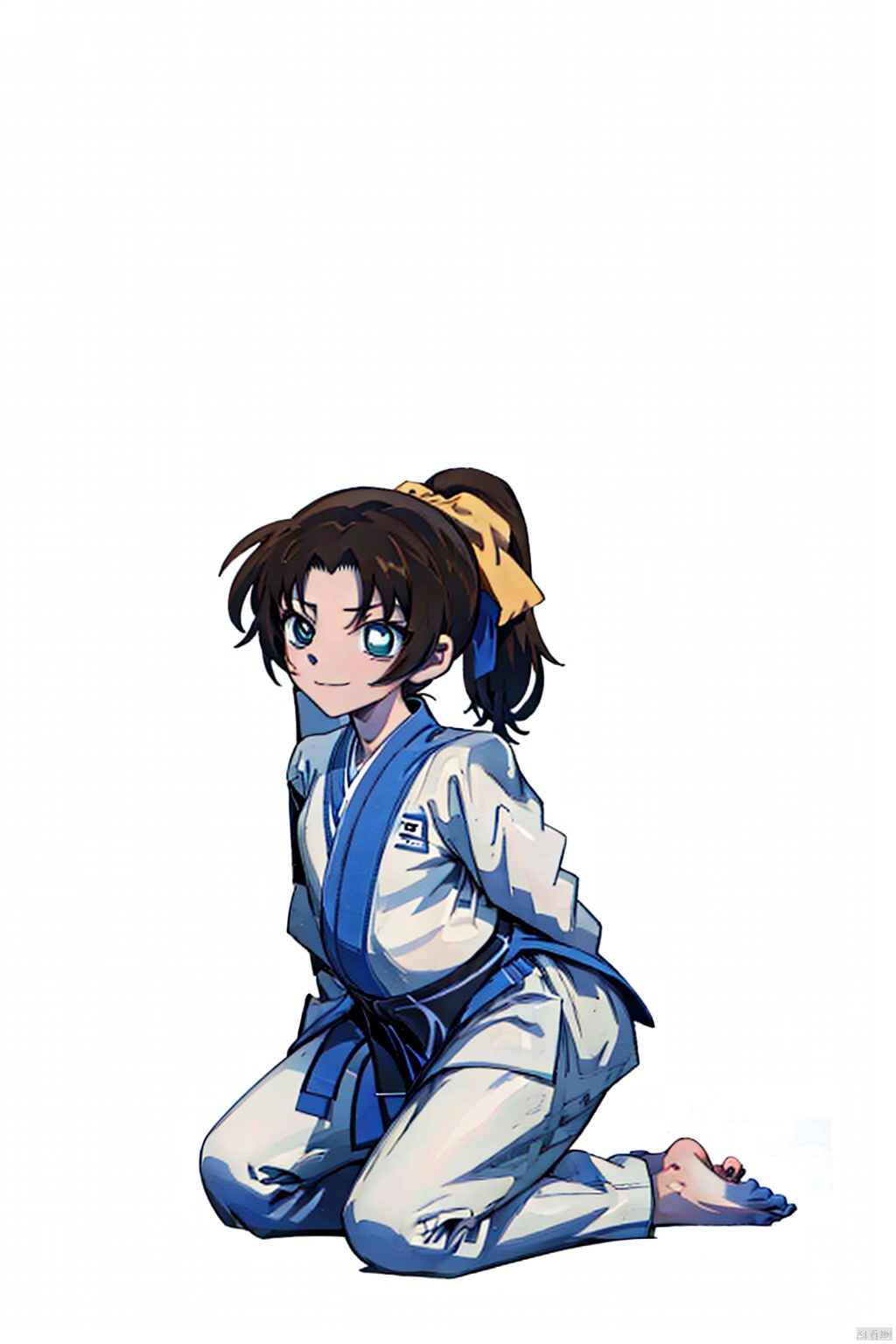  ooyama Kazuha,(best quality), ((masterpiece)), (highres),smiling,simple background,1girl,SOLO,brown hair,aqua eyes,long hair, High ponytail, (taekwondo:1.6),white Long-sleeved top,white,uniform,Bare feet,Trousers(solo),(dynamic pose,dynamic angle),(Kneel sitting:1.6),((upper body)), multiple girls, Anime, (\shen ming shao nv\)