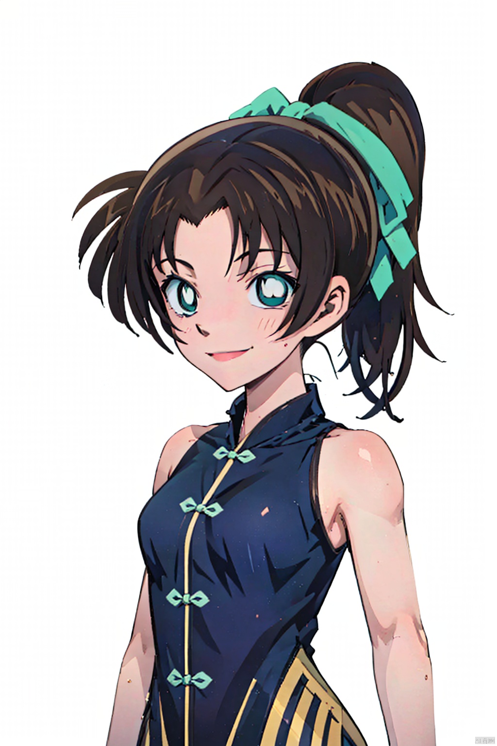  ooyama Kazuha,(best quality), ((masterpiece)), (highres),smiling,simple background,1girl,SOLO,brown hair,aqua eyes,long hair, High ponytail, (solo),(dynamic pose,dynamic angle),((upper body)), multiple girls, Anime, (\shen ming shao nv\)
