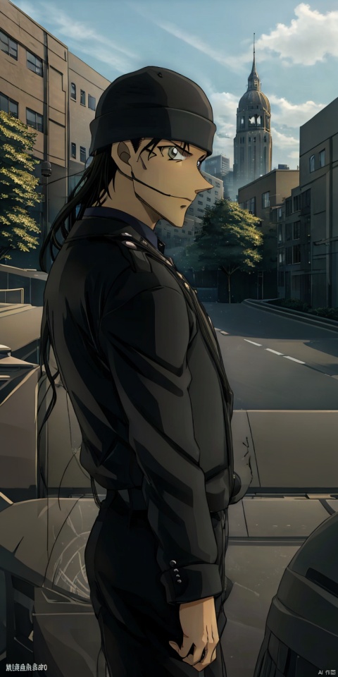  Akai,black hair,long hair, black hat, (1boy:1.5),1boy, solo,full body,outdoors,city,streed, sssr