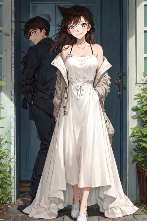  1boy,1girl,soulmate, brown hair, long hair, 1boy, breasts, blue eyes, white jacket, cleavage, smile, collarbone, looking at viewer, hair between eyes, jacket, medium breasts, bowtie, hand on another's shoulder, shirt, dress, bow, very long hair, white shirt, closed mouth, hetero, strapless, white bow, white dress, long sleeves, sleeveless, strapless dress, upper body, sleeveless dress, bangs, formal, conan, HTTP,褰╄壊澶栧