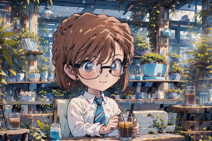 (loli:1.5),(chibi:1.3),(garden:1.3),baby,child,1girl, solo, looking at viewer, 1girl, solo, smile, short hair, brown hair, shirt, long sleeves, sitting, school uniform, white shirt, necktie, glasses, collared shirt, indoors, cup, table, cat, plant, blue necktie, striped necktie, white cat, cozy animation scenes