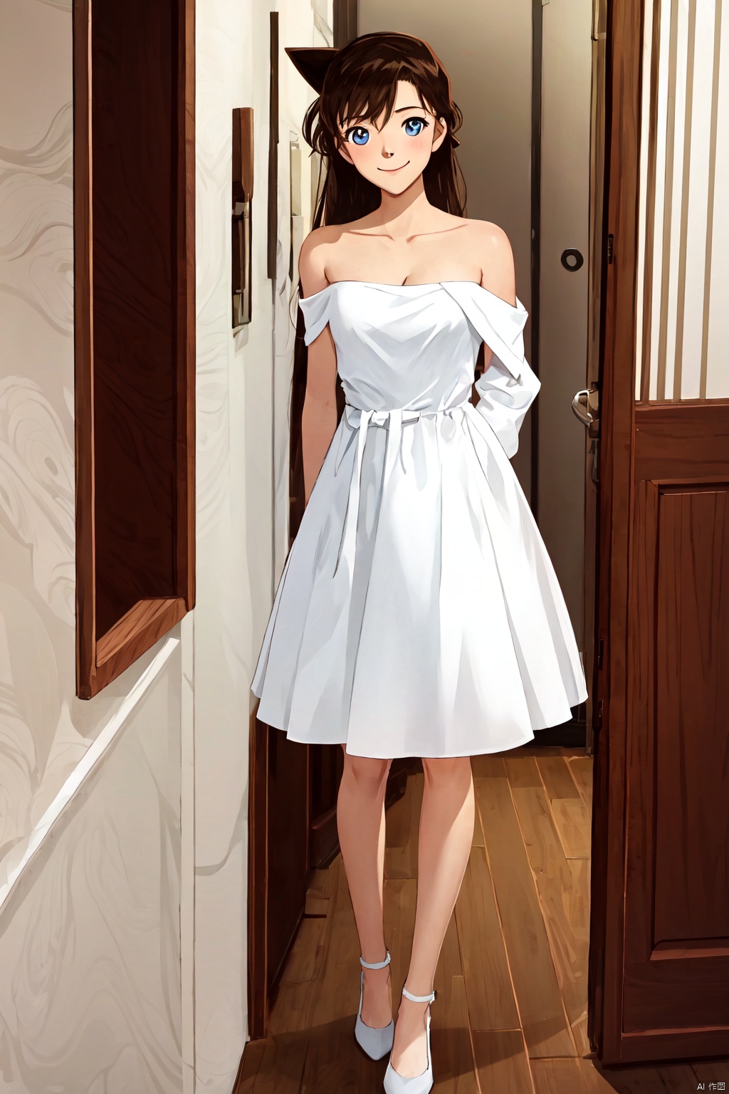  1girl, brown hair, long hair, 1boy, breasts, blue eyes, white jacket, cleavage, smile, collarbone, looking at viewer, hair between eyes, jacket, medium breasts, bowtie, hand on another's shoulder, shirt, dress, bow, very long hair, white shirt, closed mouth, hetero, strapless, white bow, white dress, long sleeves, sleeveless, strapless dress, upper body, sleeveless dress, bangs, formal, conan, HTTP